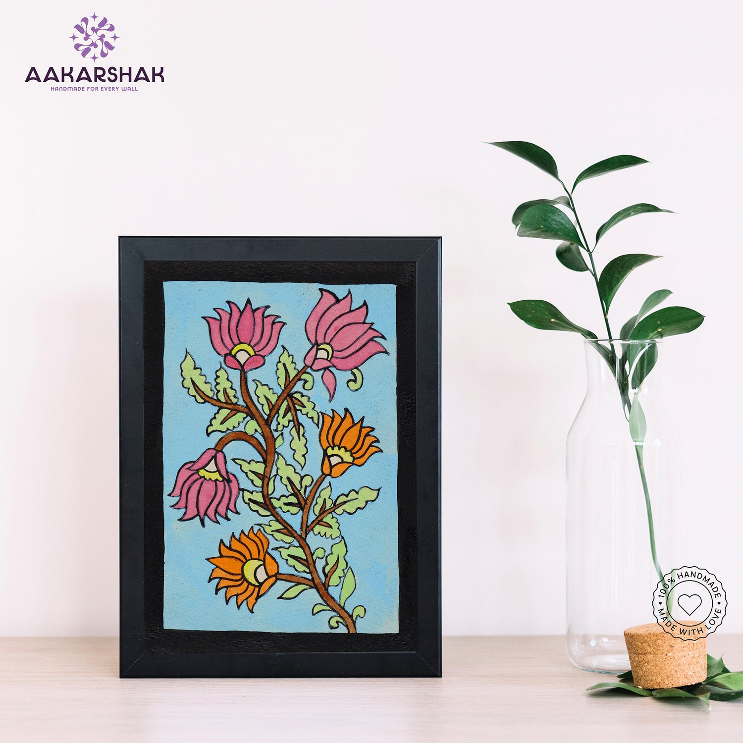 Handmade kalamkari flower painting-with tabletop stand for home decor
