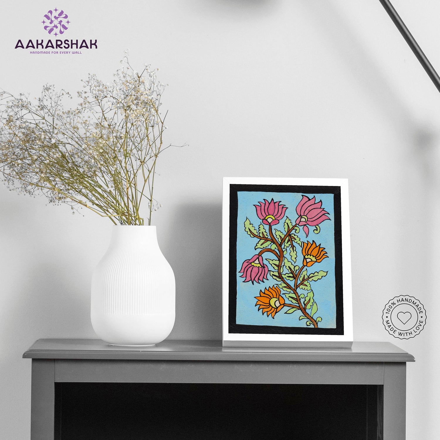 Handmade kalamkari flower painting-with tabletop stand for home decor
