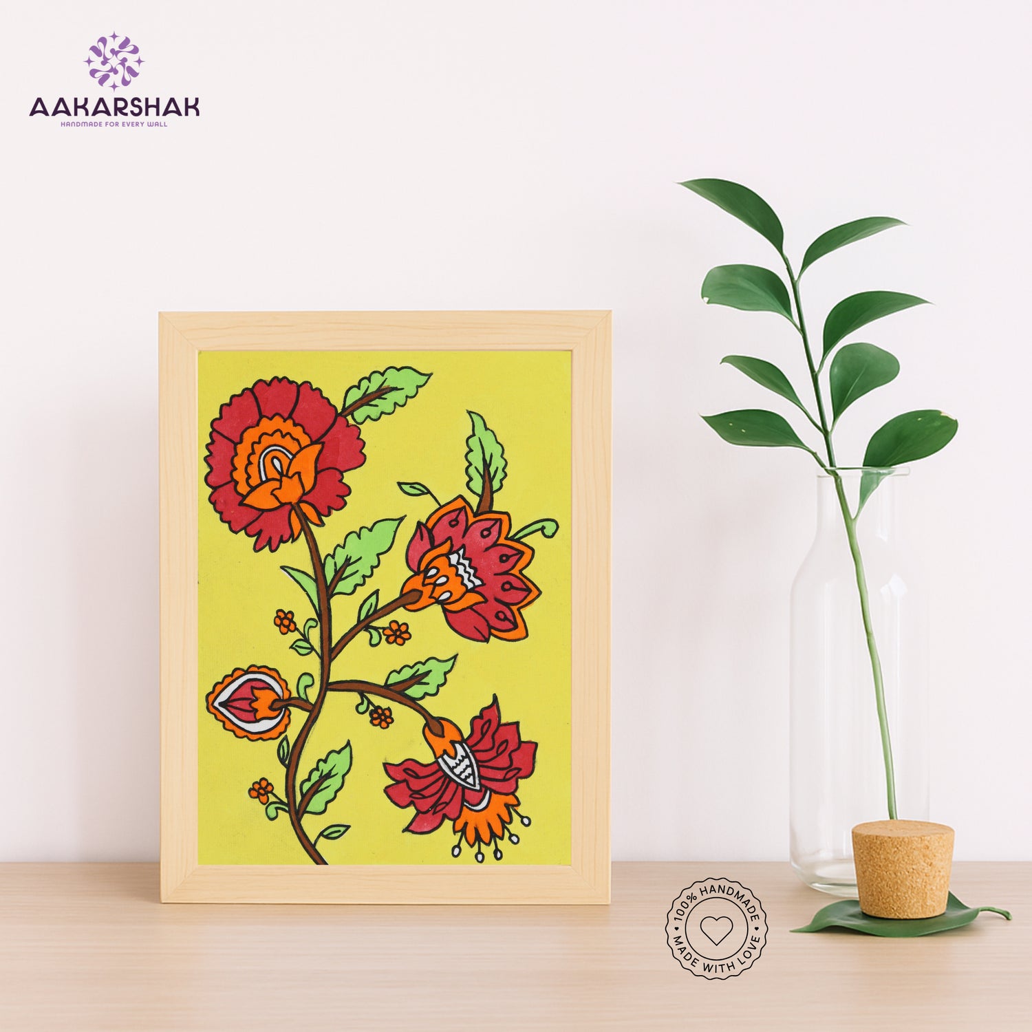 Handmade kalamkari flower painting-with tabletop stand for home decor
