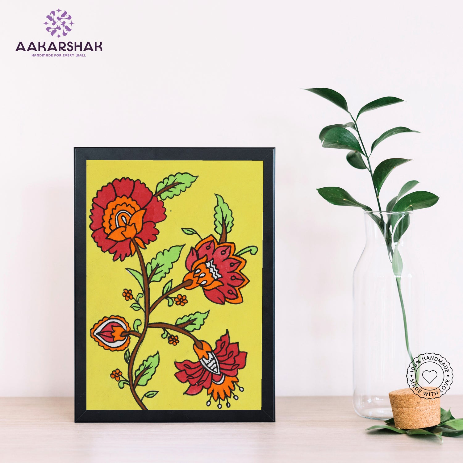 Handmade kalamkari flower painting-with tabletop stand for home decor
