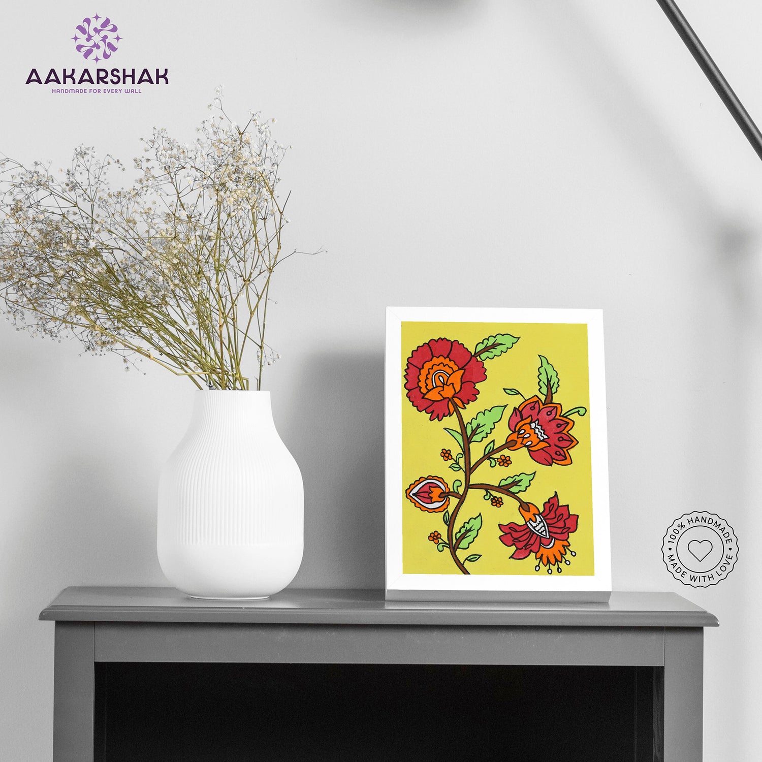 Handmade kalamkari flower painting-with tabletop stand for home decor
