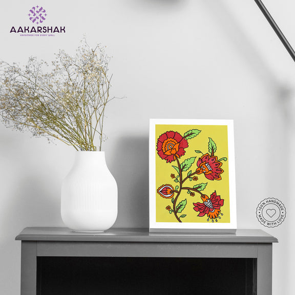Handmade kalamkari flower painting-with tabletop stand for home decor
