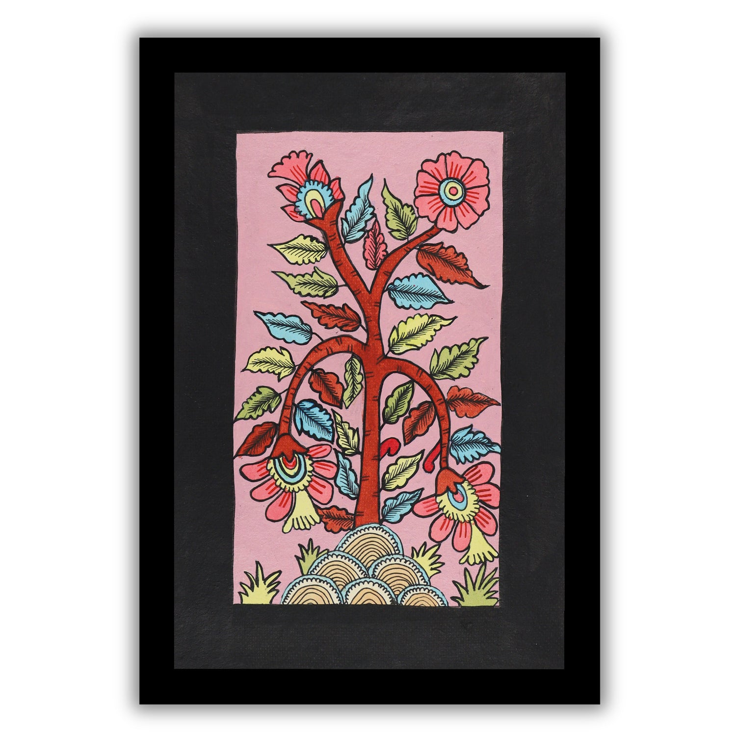 handmade kalamkari painting flower-in vibrant traditional folk art style