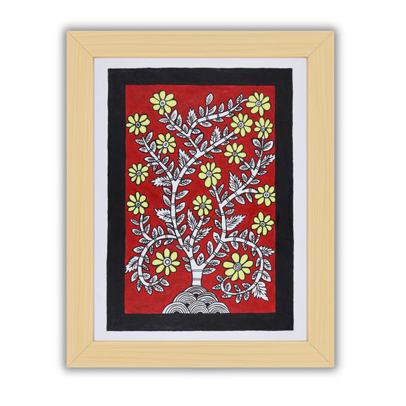Framed artwork of a colorful flower-with handmade kalamkari painting