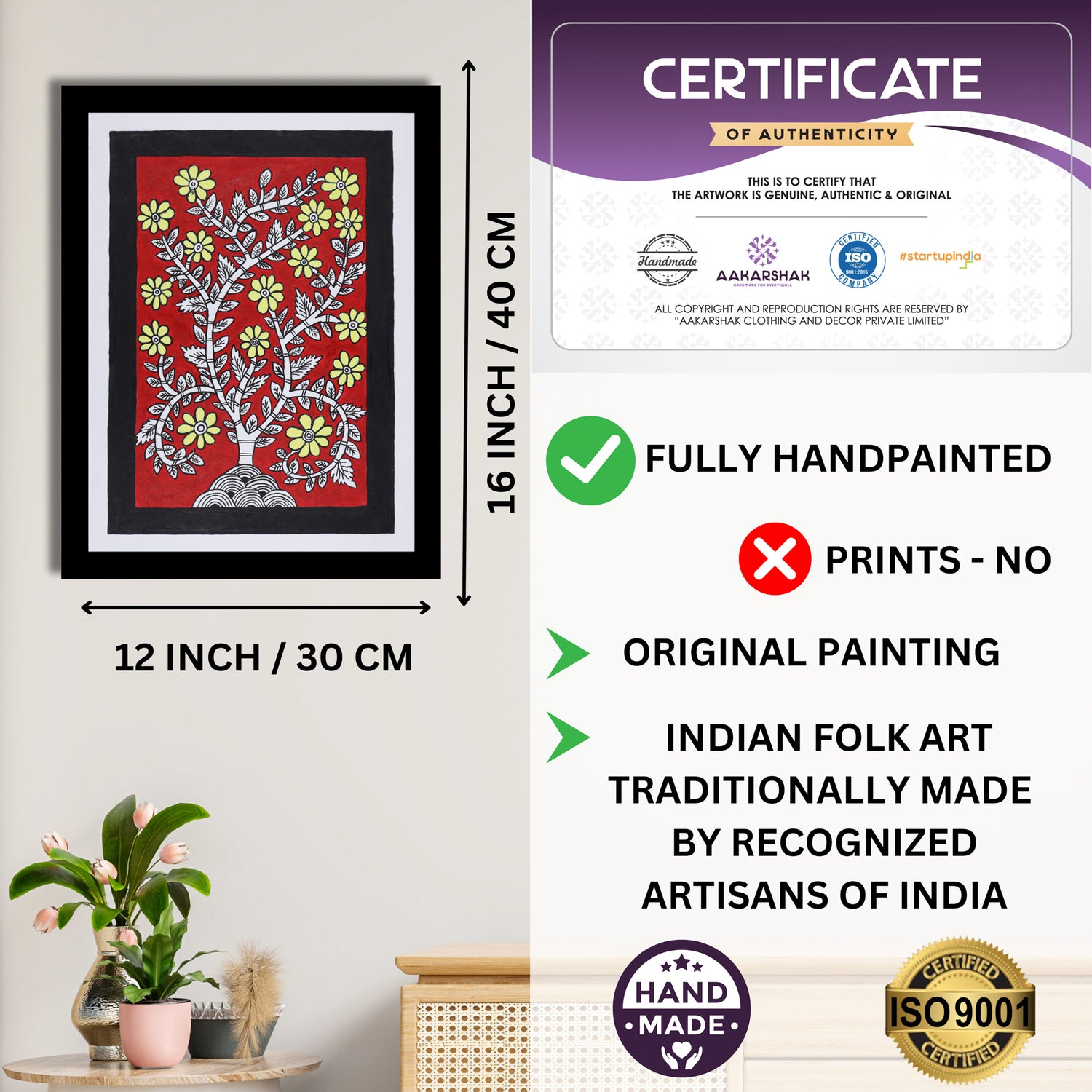 Framed artwork with dimensions, authenticity certificate and handmade iso certified-flower kalamkari painting