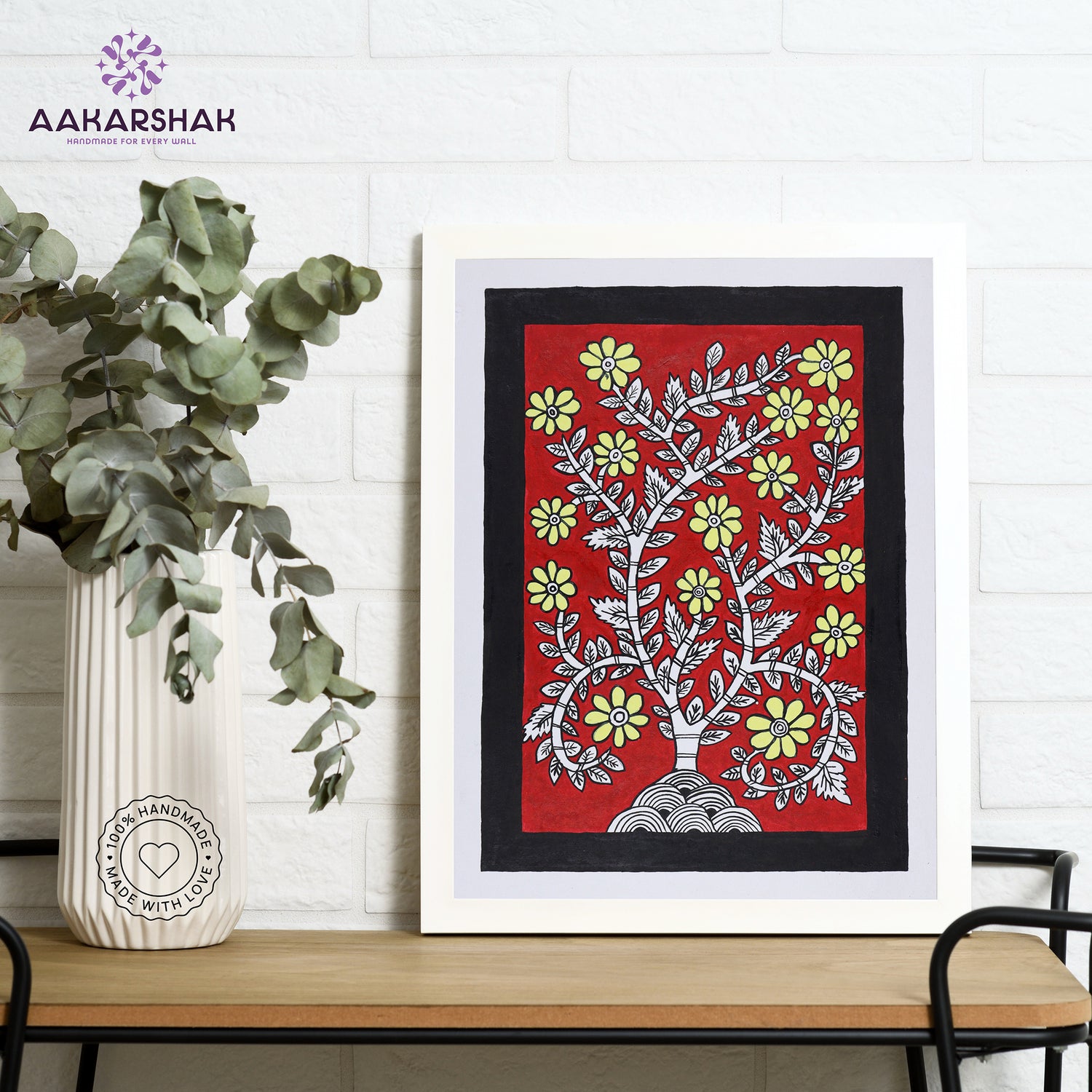 Framed artwork with flower design on a red background-handmade kalamkari painting for home decor