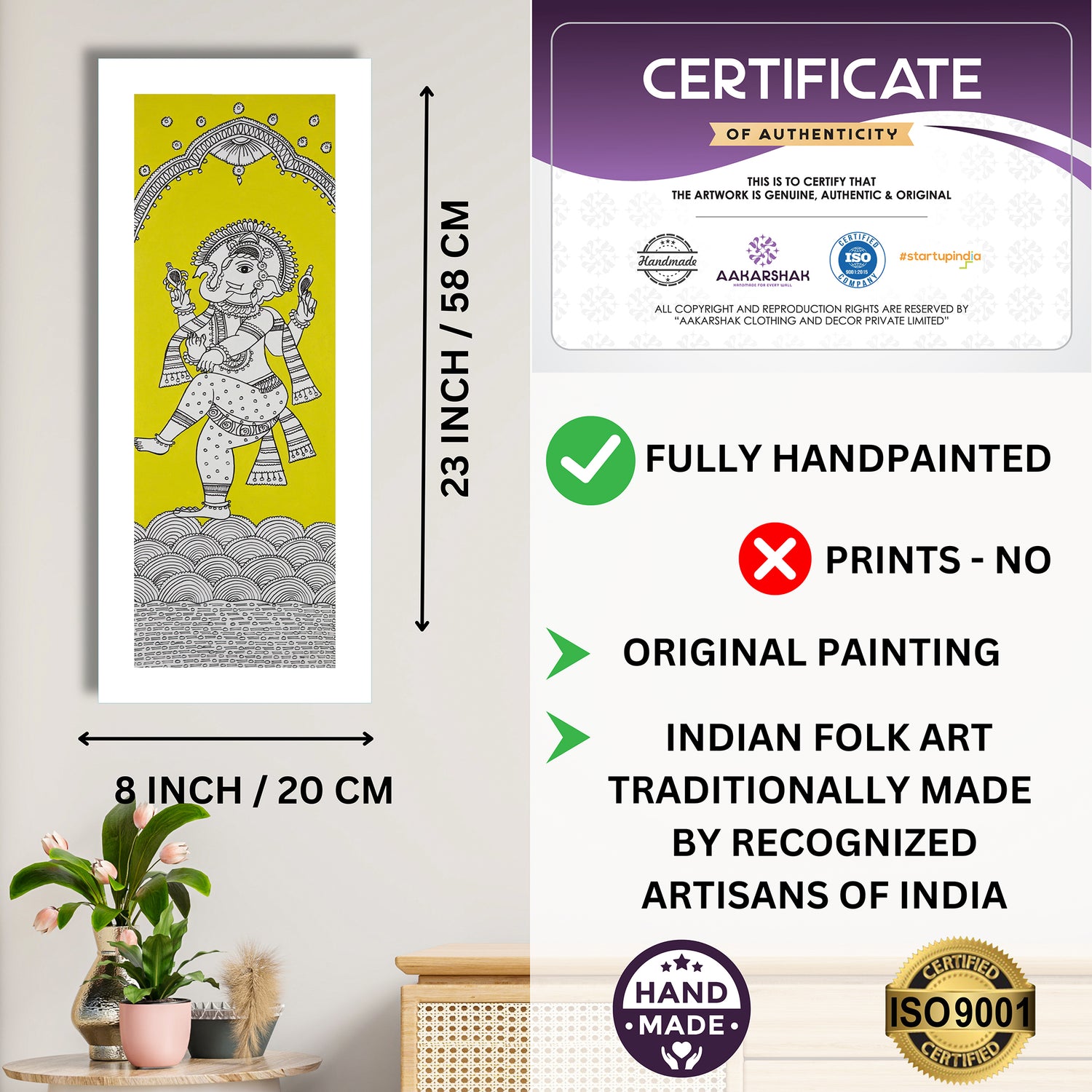 Framed artwork with dimensions, authenticity certificate and handmade iso certified-ganesh ji kalamkari painting