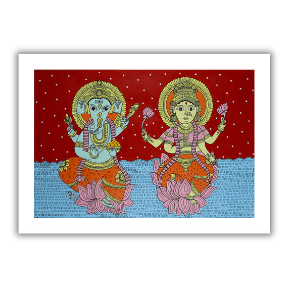 Framed artwork of a colorful ganesh-laxmi-with handmade kalamkari painting 