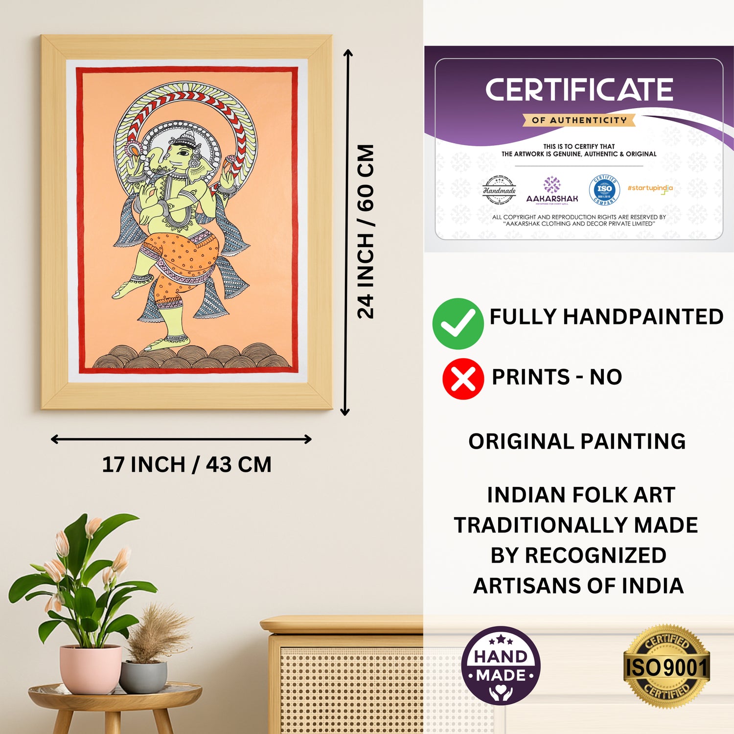 Framed artwork with dimensions, authenticity certificate and handmade iso certified-ganesh kalamkari painting