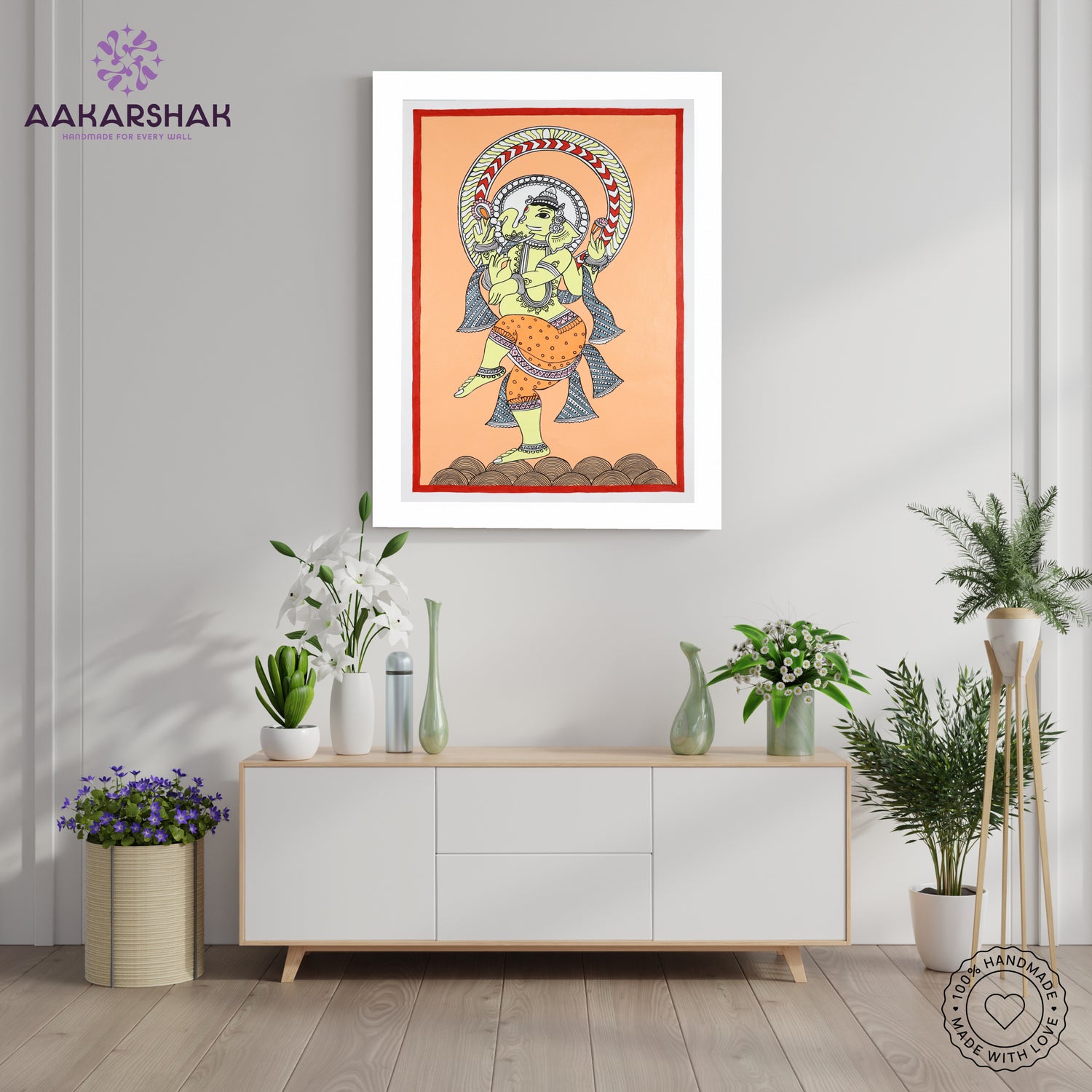 Framed artwork with ganesh design on a peach background-handmade kalamkari painting for home decor