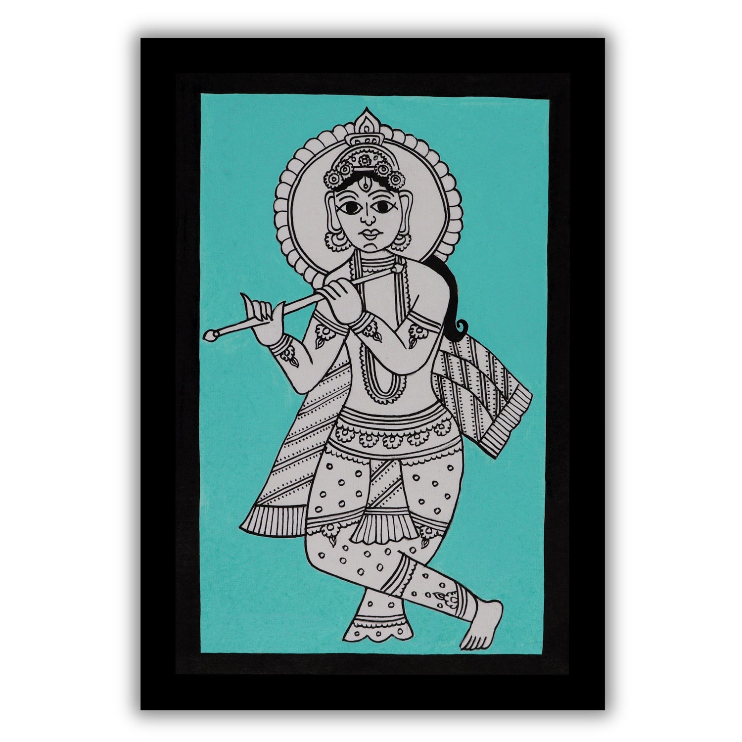 handmade kalamkari painting krishna-in vibrant traditional folk art style
