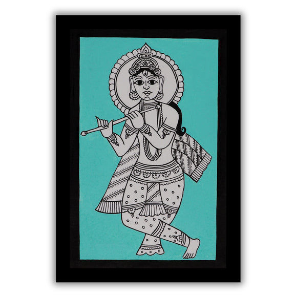 handmade kalamkari painting krishna-in vibrant traditional folk art style
