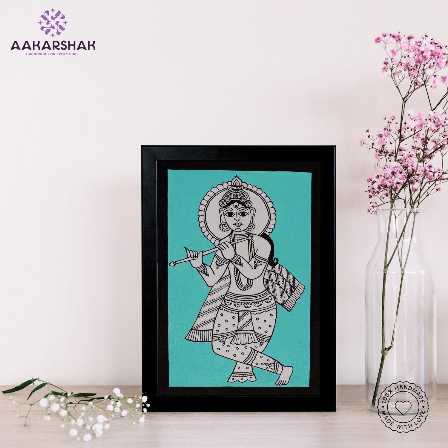 handmade kalamkari krishna painting-with tabletop stand for home decor
