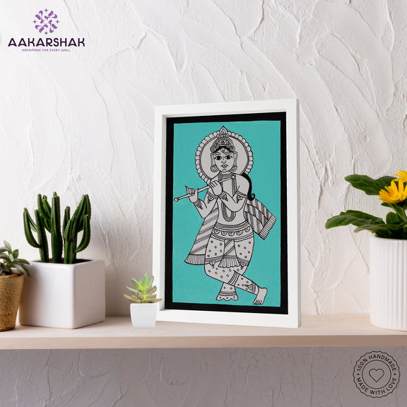 handmade kalamkari krishna painting-with tabletop stand for home decor