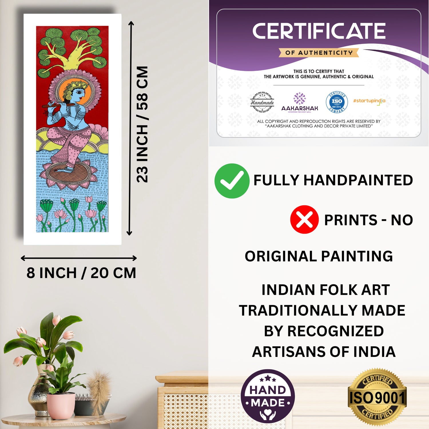 Framed artwork with dimensions, authenticity certificate and handmade iso certified-krishna kalamkari painting