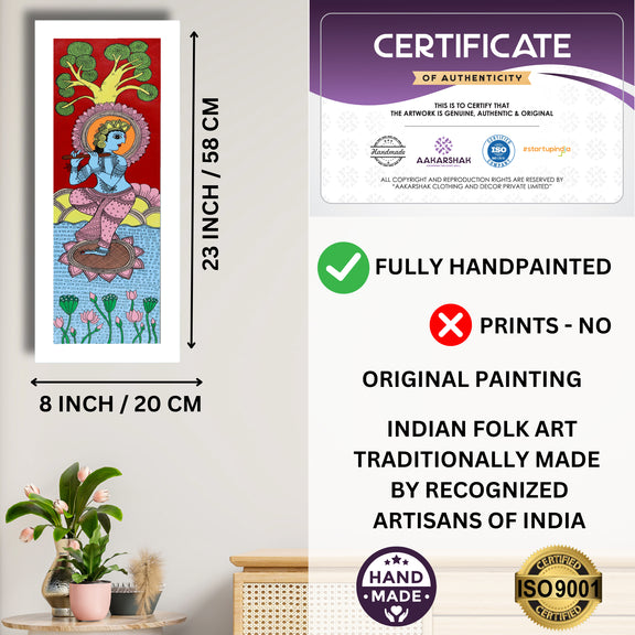 Framed artwork with dimensions, authenticity certificate and handmade iso certified-krishna kalamkari painting