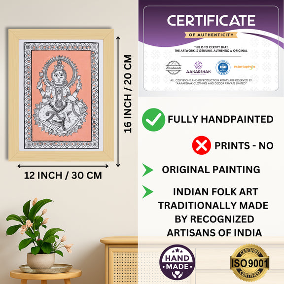 Framed artwork with dimensions, authenticity certificate and handmade iso certified-laxmi kalamkari painting