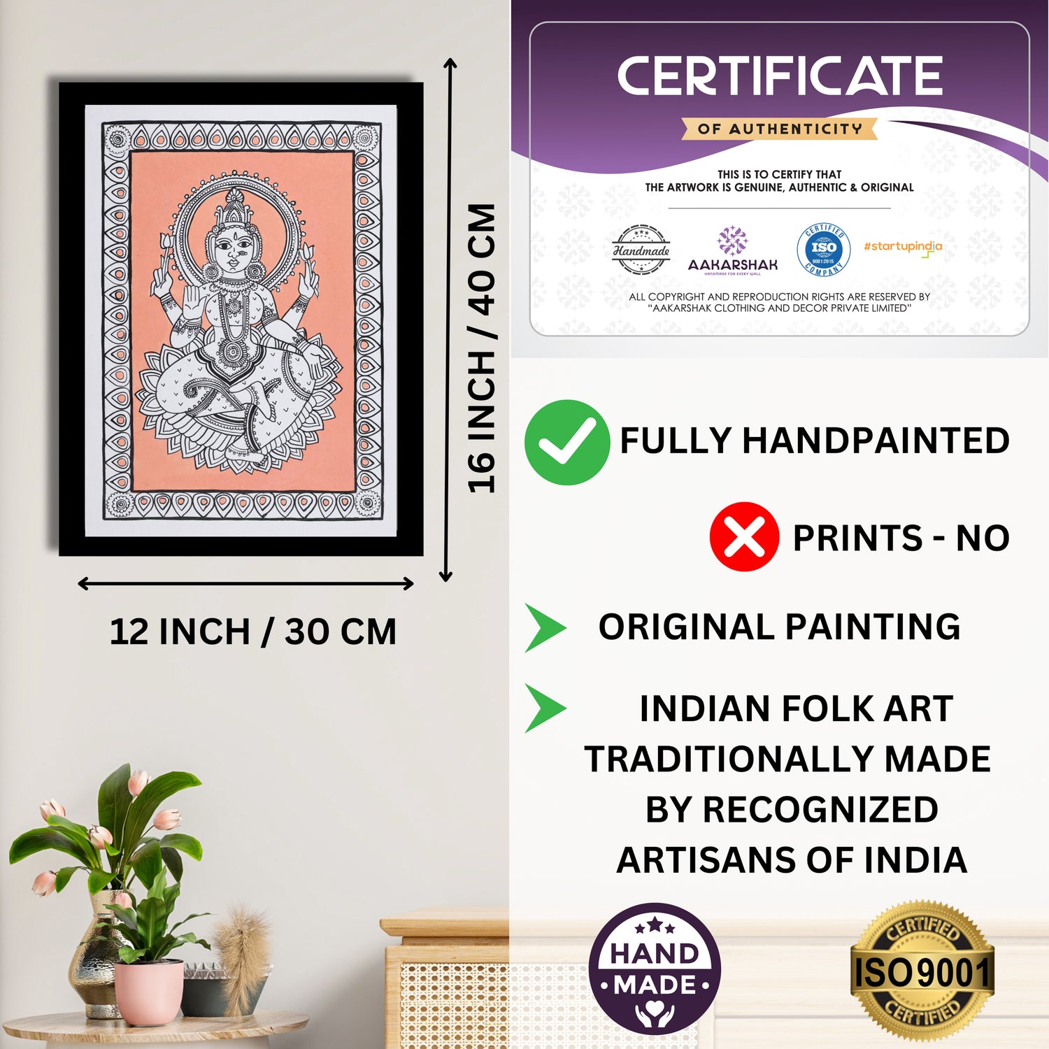 Framed artwork with dimensions, authenticity certificate and handmade iso certified-laxmi kalamkari painting