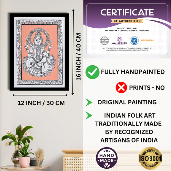 Framed artwork with dimensions, authenticity certificate and handmade iso certified-laxmi kalamkari painting