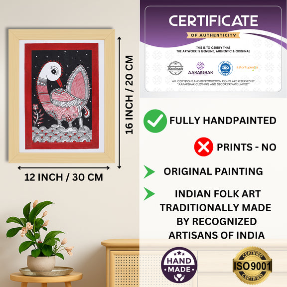 Framed artwork with dimensions, authenticity certificate and handmade iso certified-peacock kalamkari painting