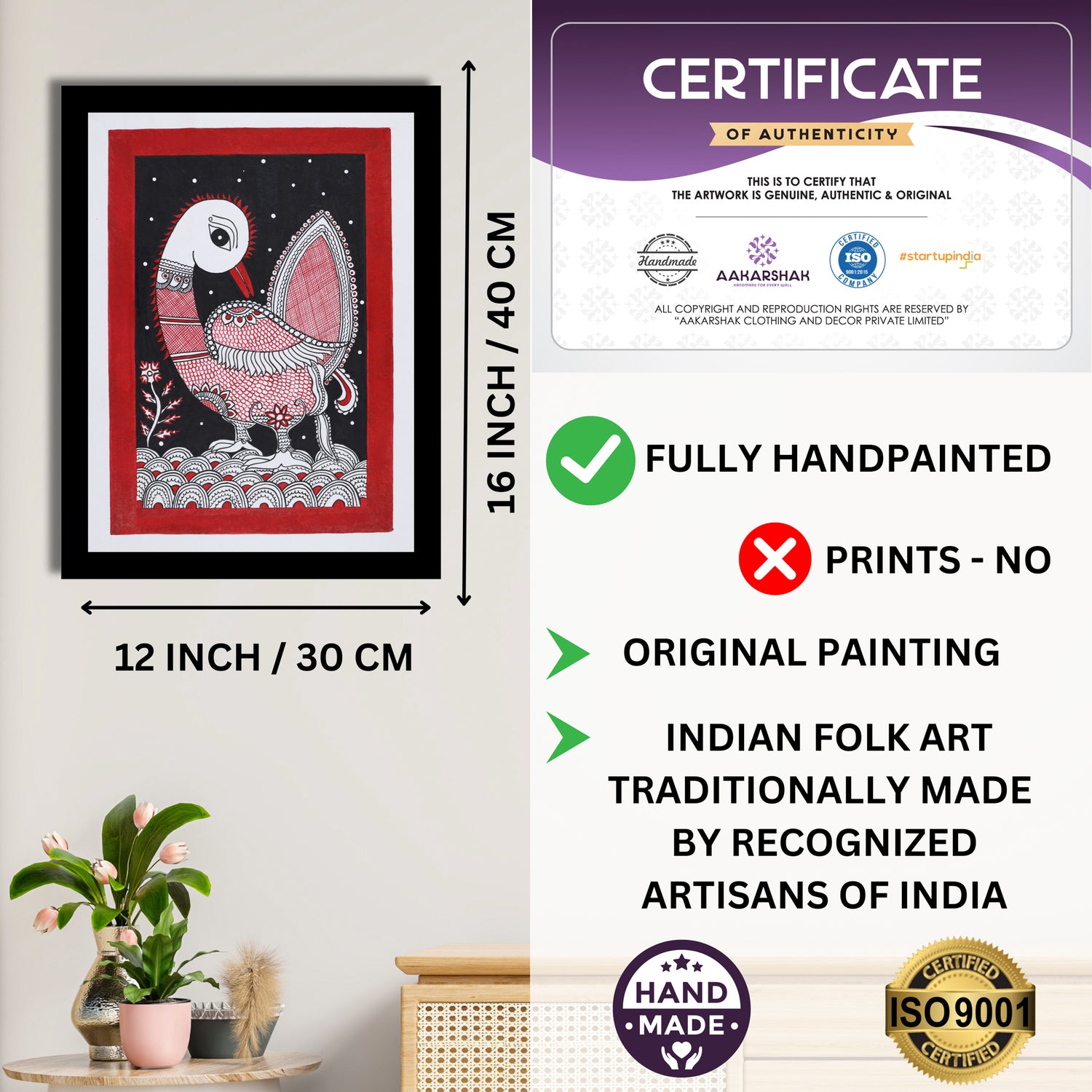 Framed artwork with dimensions, authenticity certificate and handmade iso certified-peacock kalamkari painting