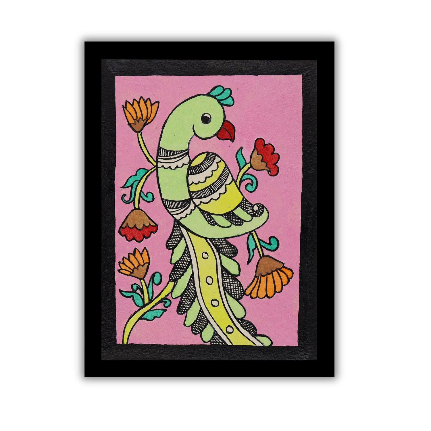 handmade kalamkari painting peacock-in vibrant traditional folk art style
