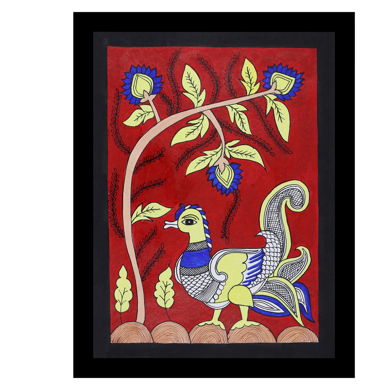 Framed artwork of a colorful peacock -with handmade pichwai painting 