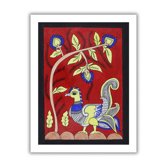 Framed artwork of a colorful peacock -with handmade kalamkari painting 