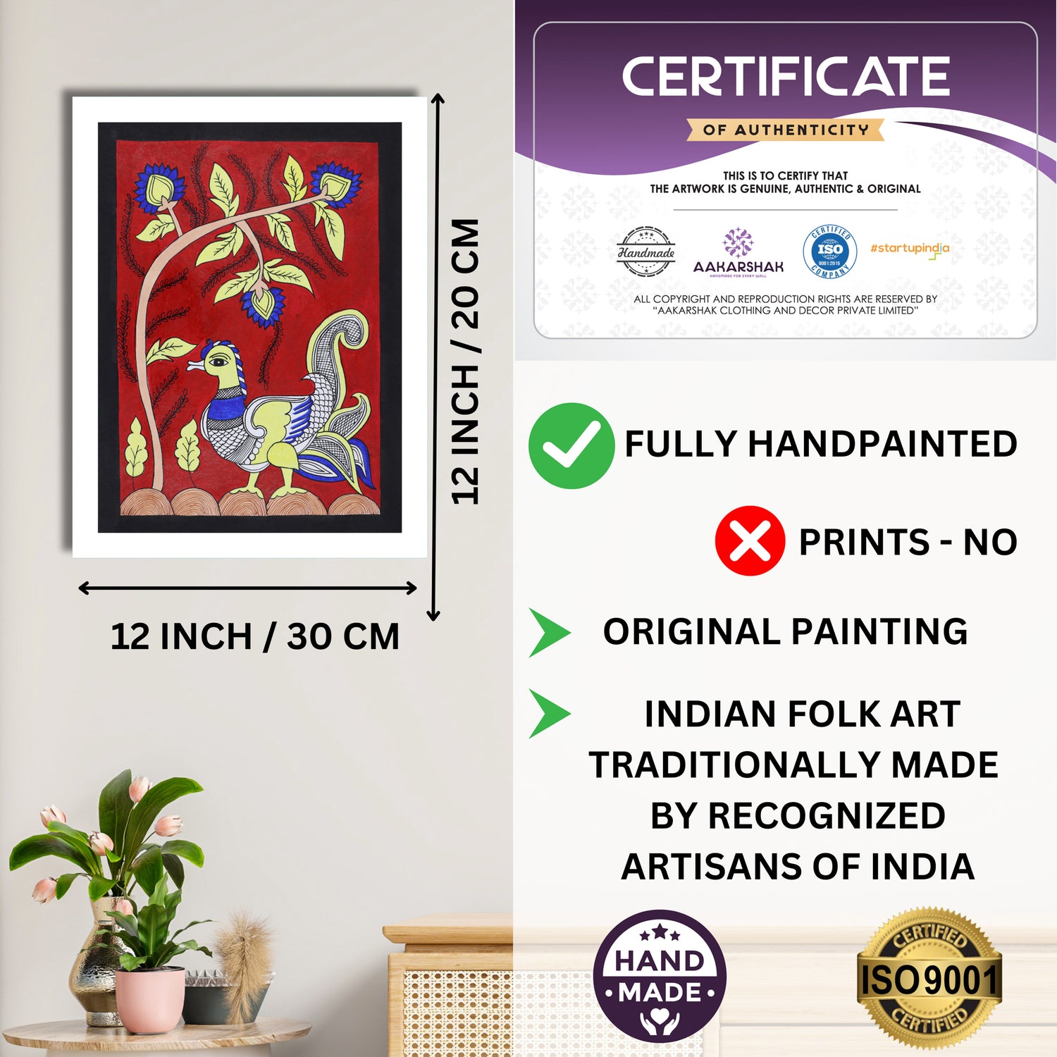 Framed artwork with dimensions, authenticity certificate and handmade iso certified-peacock kalamkari painting