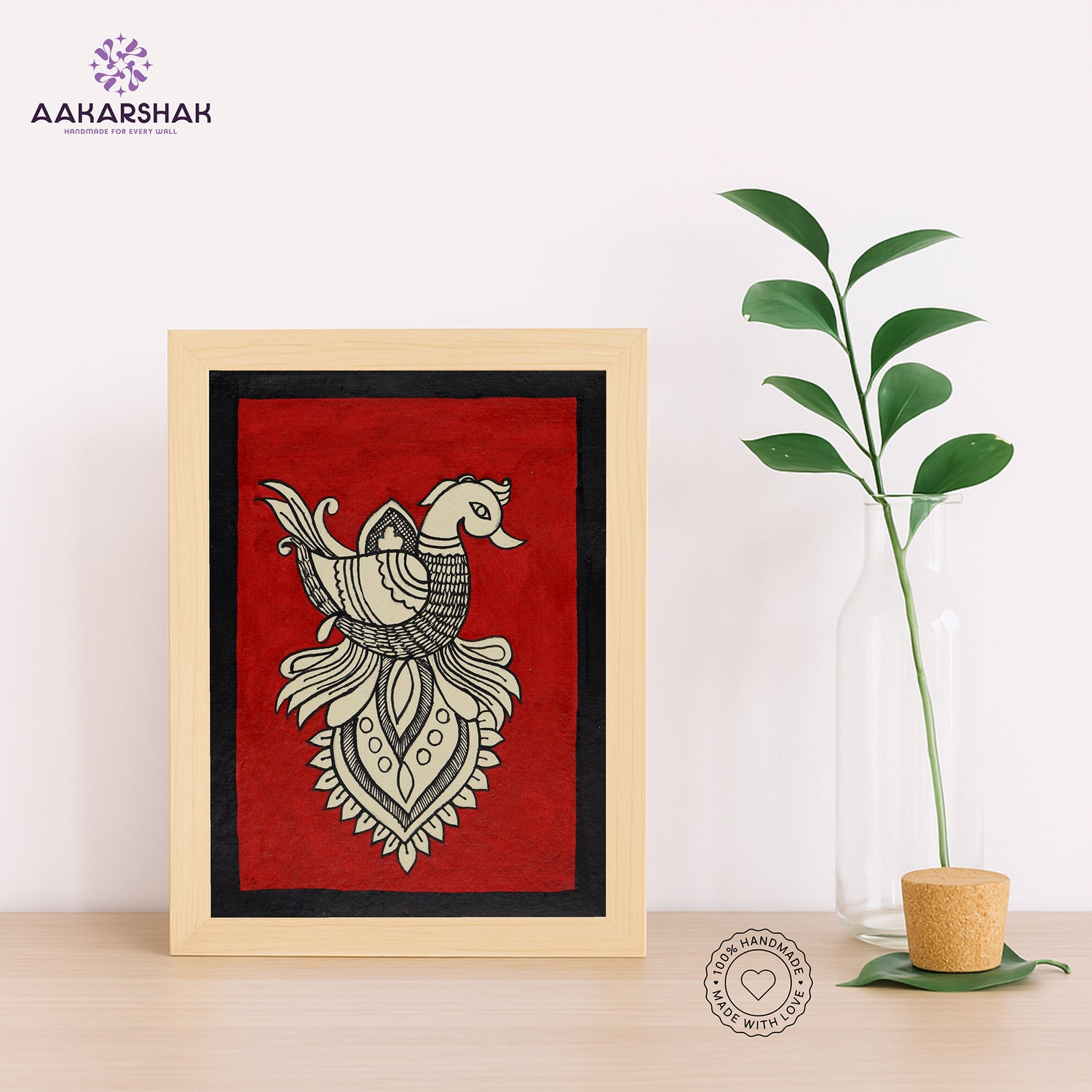 Handmade kalamkari peacock painting-with tabletop stand for home decor
