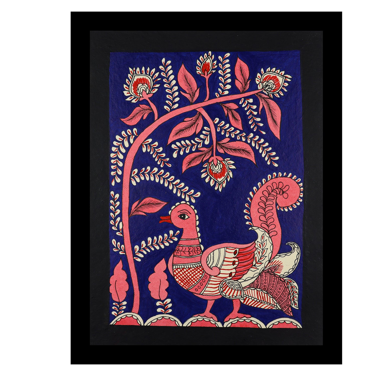 Framed artwork of a colorful peacock -with handmade kalamkari painting 
