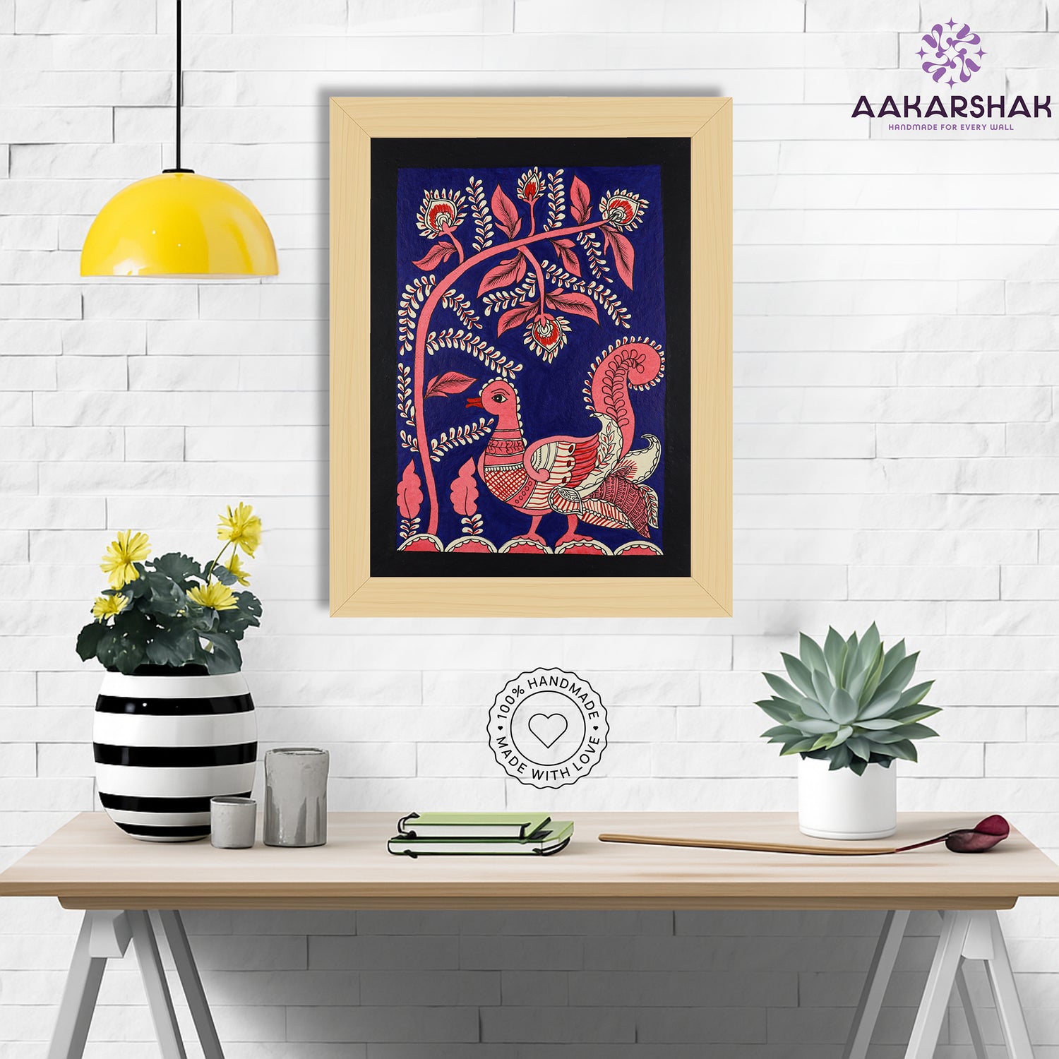 Framed artwork with peacock design on a dark blue background-handmade kalamkari painting for home decor
