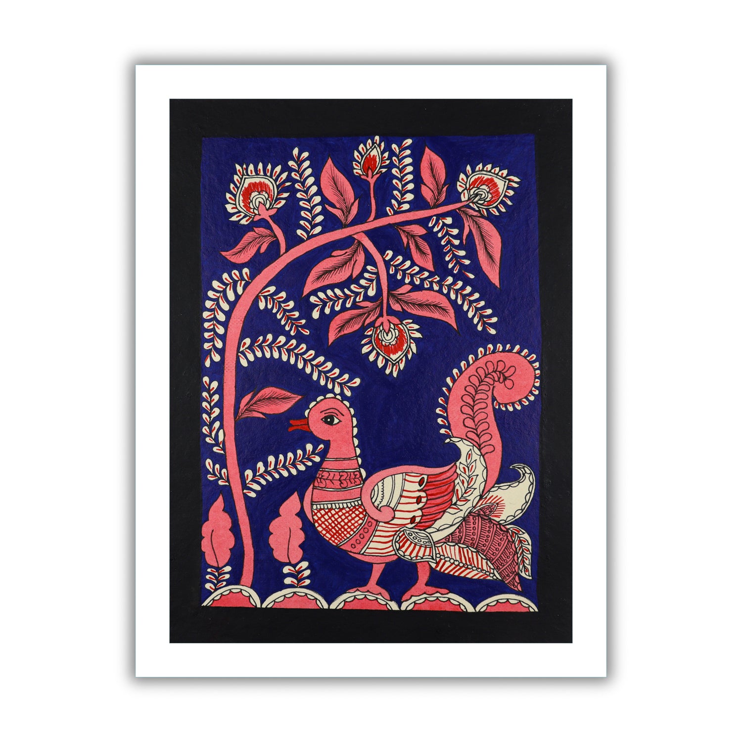 Framed artwork of a colorful peacock -with handmade kalamkari painting 