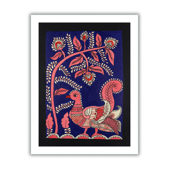Framed artwork of a colorful peacock -with handmade kalamkari painting 