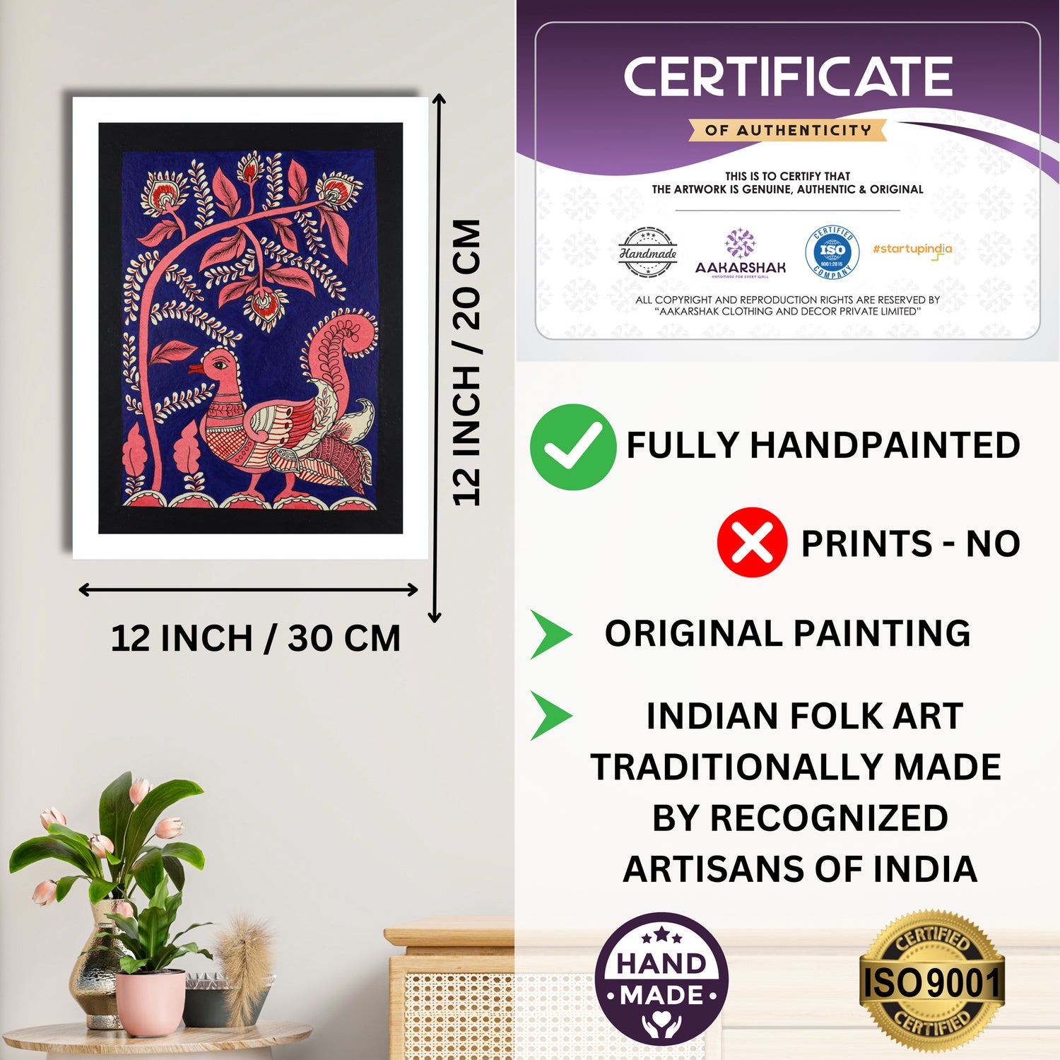 Framed artwork with dimensions, authenticity certificate and handmade iso certified-peacock kalamkari painting