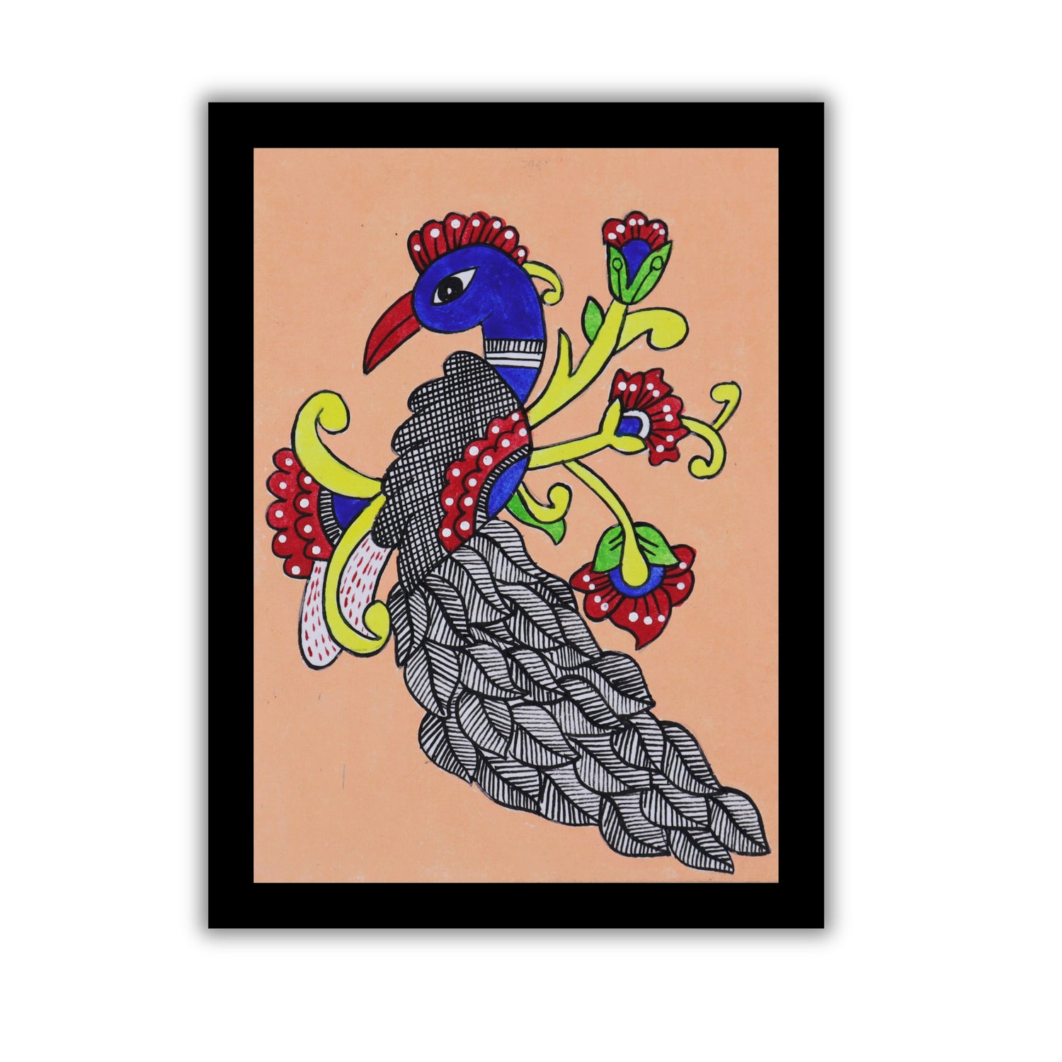 handmade kalamkari painting peacock-in vibrant traditional folk art style
