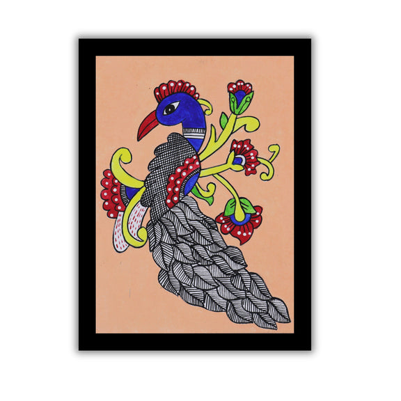 handmade kalamkari painting peacock-in vibrant traditional folk art style
