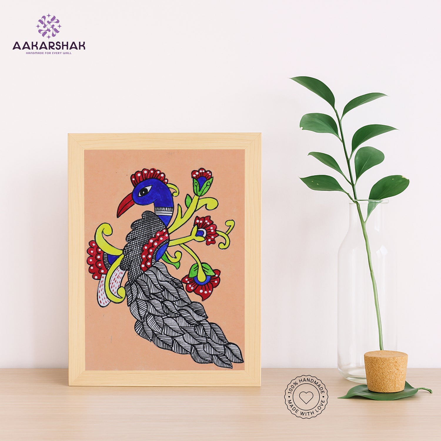 Handmade kalamkari peacock painting-with tabletop stand for home decor
