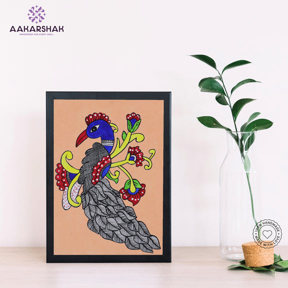 Handmade kalamkari peacock painting-with tabletop stand for home decor
