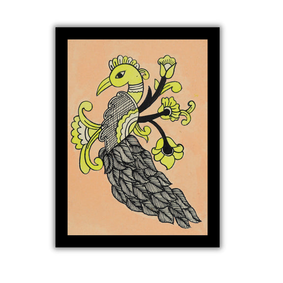 handmade kalamkari painting peacock-in vibrant traditional folk art style
