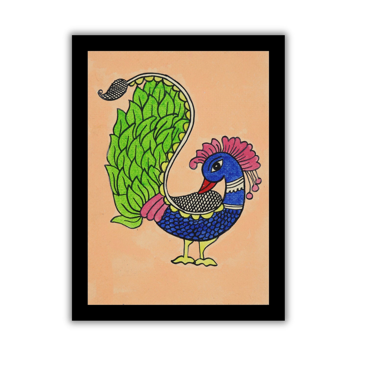 handmade kalamkari painting peacock-in vibrant traditional folk art style
