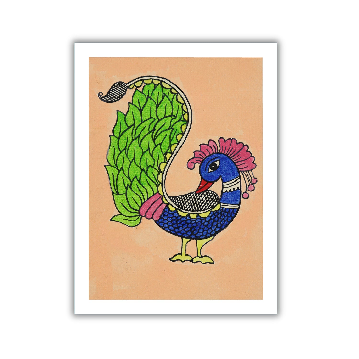 handmade kalamkari painting peacock-in vibrant traditional folk art style
