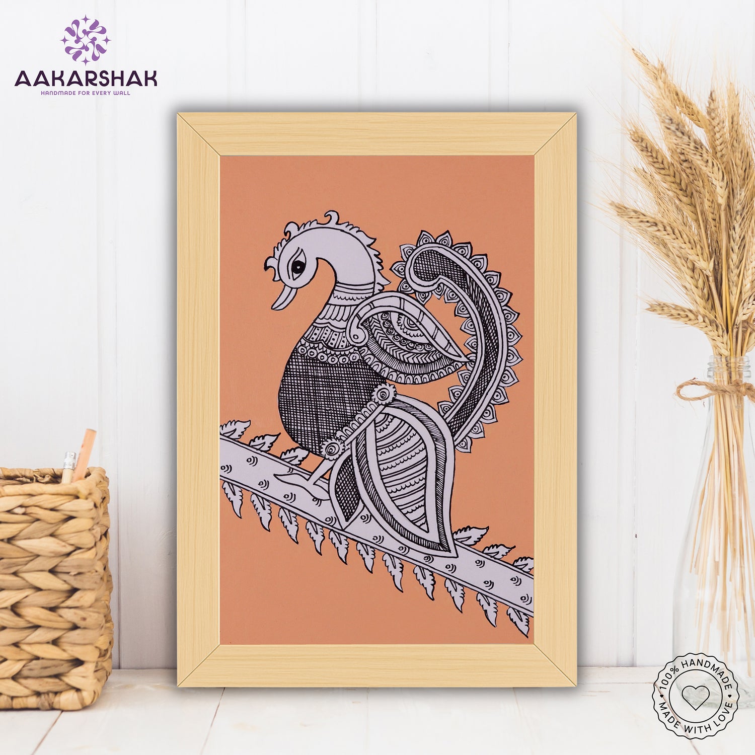 handmade kalamkari peacock painting-with tabletop stand for home decor