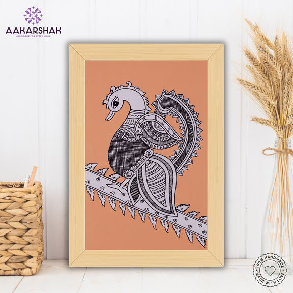 handmade kalamkari peacock painting-with tabletop stand for home decor