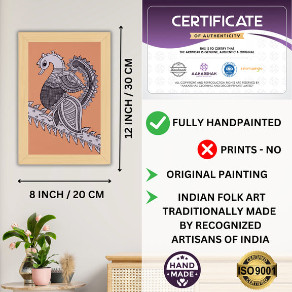 Framed artwork with dimensions, authenticity certificate-handmade iso certified-peacock kalamkari painting