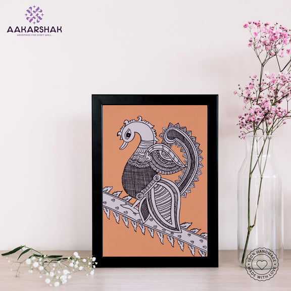 handmade kalamkari peacock painting-with tabletop stand for home decor
