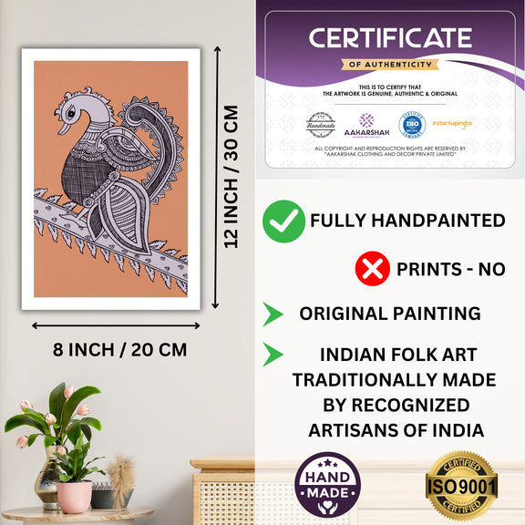 Framed artwork with dimensions, authenticity certificate-handmade iso certified-peacock kalamkari painting