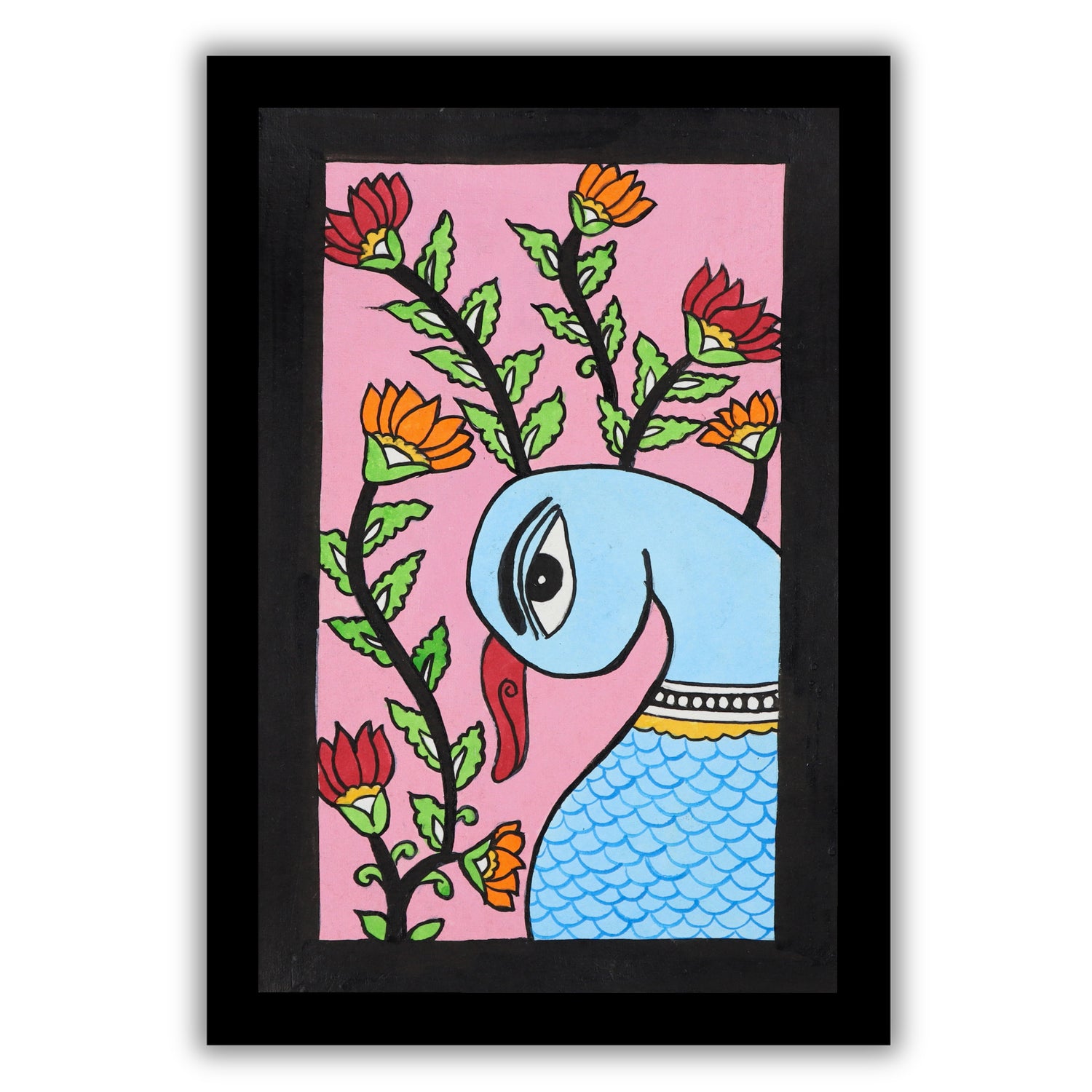 handmade kalamkari painting peacock-in vibrant traditional folk art style