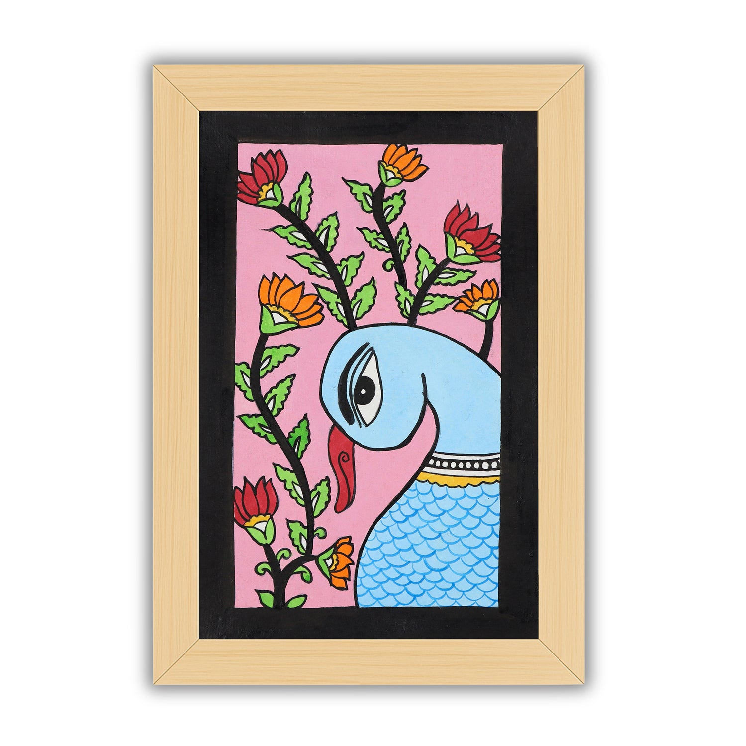 handmade kalamkari painting peacock-in vibrant traditional folk art style