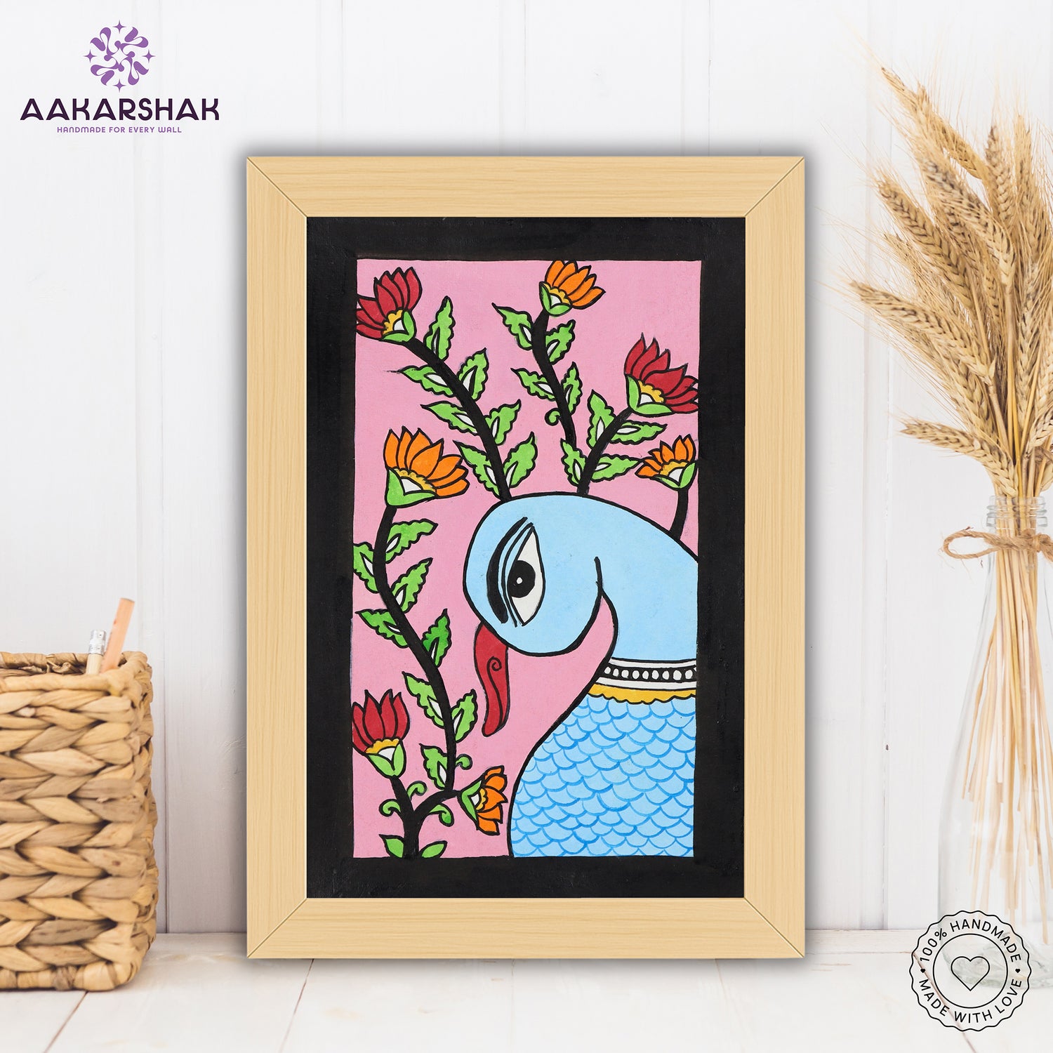 handmade kalamkari peacock painting-with tabletop stand for home decor